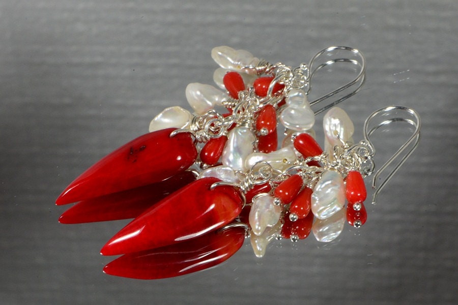 Red Coral & Keshi Pearl Sterling Silver Dangle Earrings
