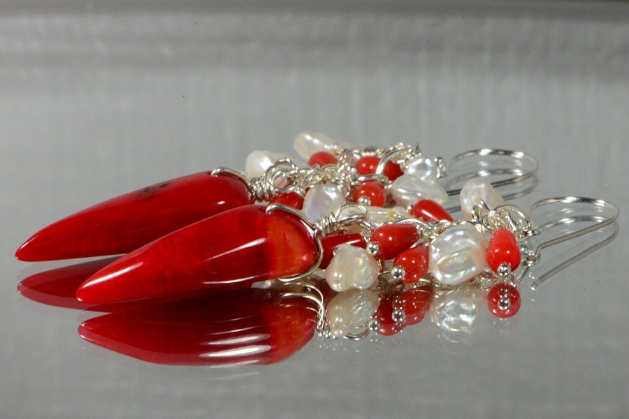 Red Coral & Keshi Pearl Sterling Silver Dangle Earrings
