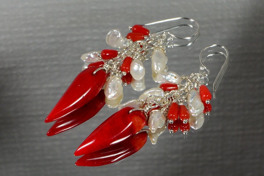 Red Coral & Keshi Pearl Sterling Silver Dangle Earrings