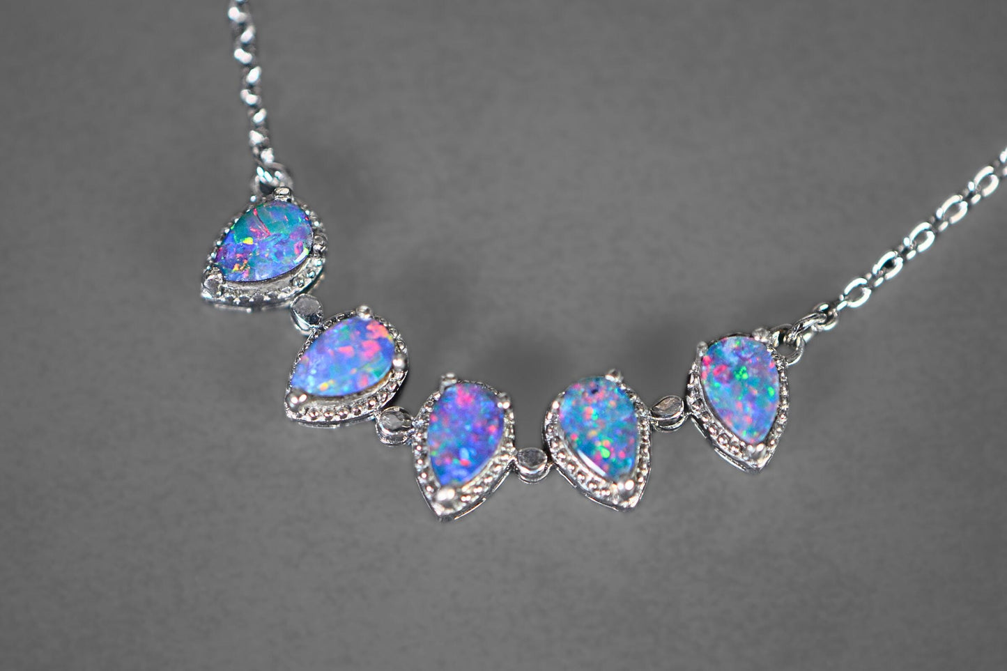 Australian Black Opal 5 stone  Necklace  Sterling Silver Hand Made Birthstone Gift