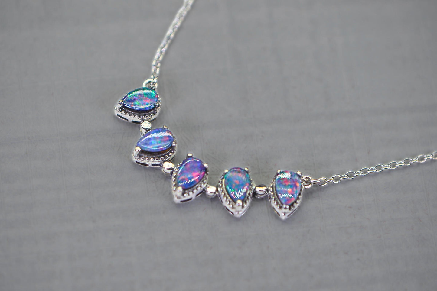 Australian Black Opal 5 stone  Necklace  Sterling Silver Hand Made Birthstone Gift