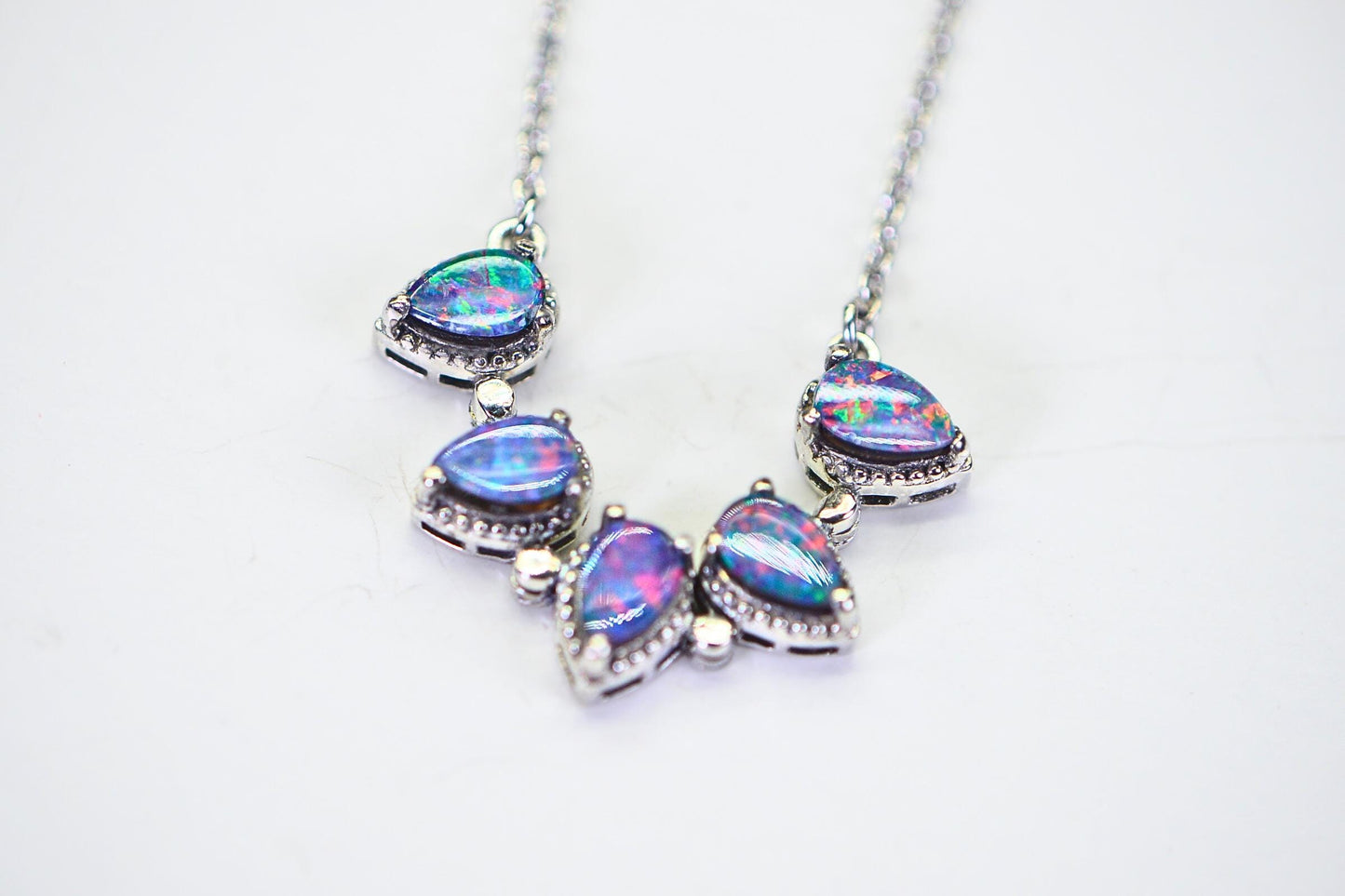 Australian Black Opal 5 stone  Necklace  Sterling Silver Hand Made Birthstone Gift