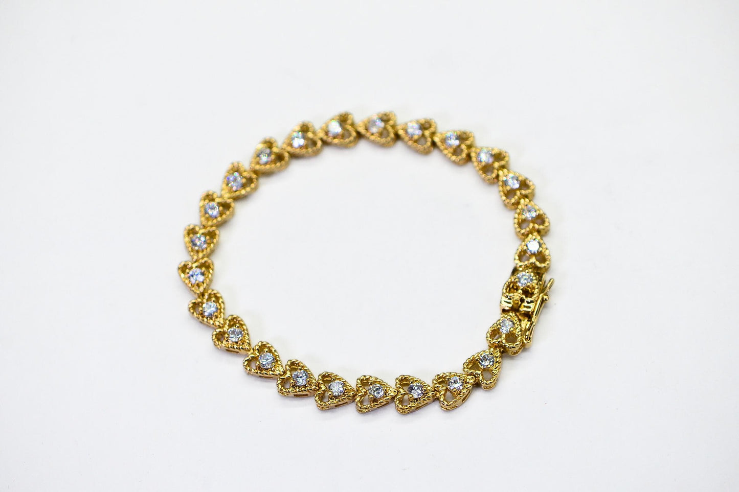 Gold Heart Bracelet: Simulated Diamond, 18K Gold Over Sterling Silver, 7 Inch