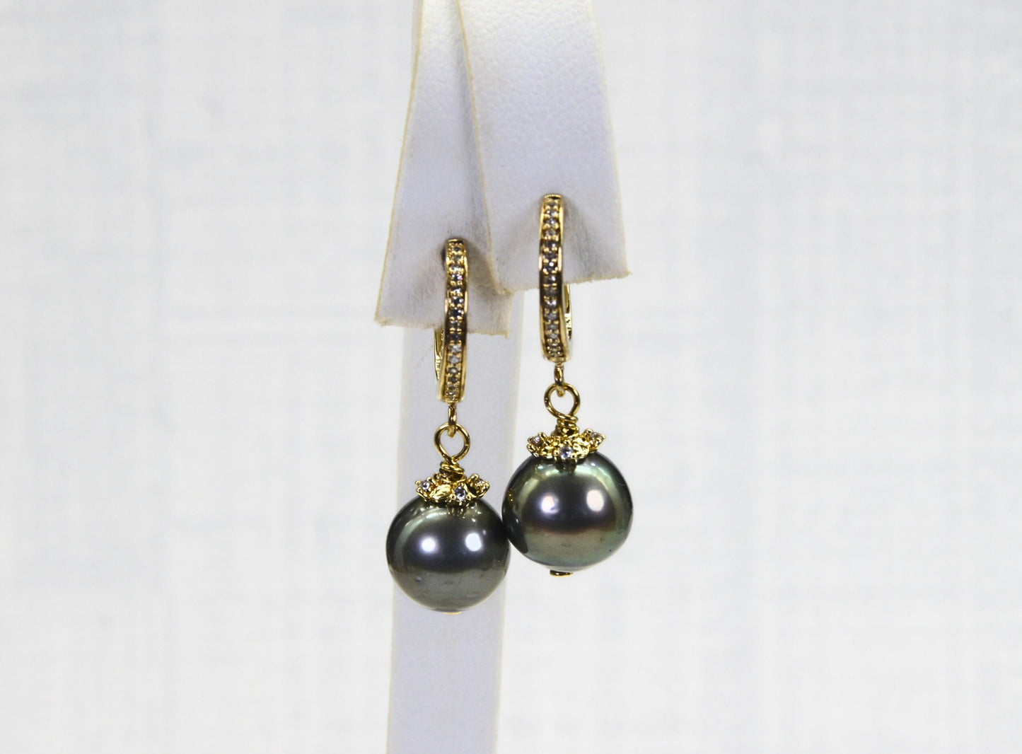 Tahitian Pearl Dangle Earrings: 14K Gold Over Sterling Silver, CZ
