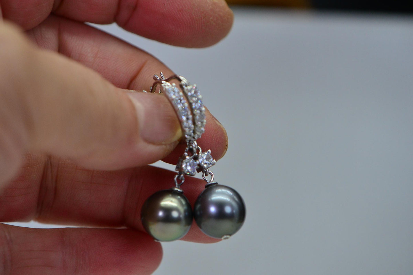 Tahitian Cultured Black Pearl Encrusted Diamond Dangle Stud Earrings Sparkly Cluster Stone Earrings