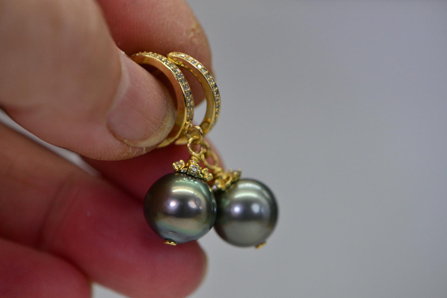 Tahitian Pearl Dangle Earrings: 14K Gold Over Sterling Silver, CZ