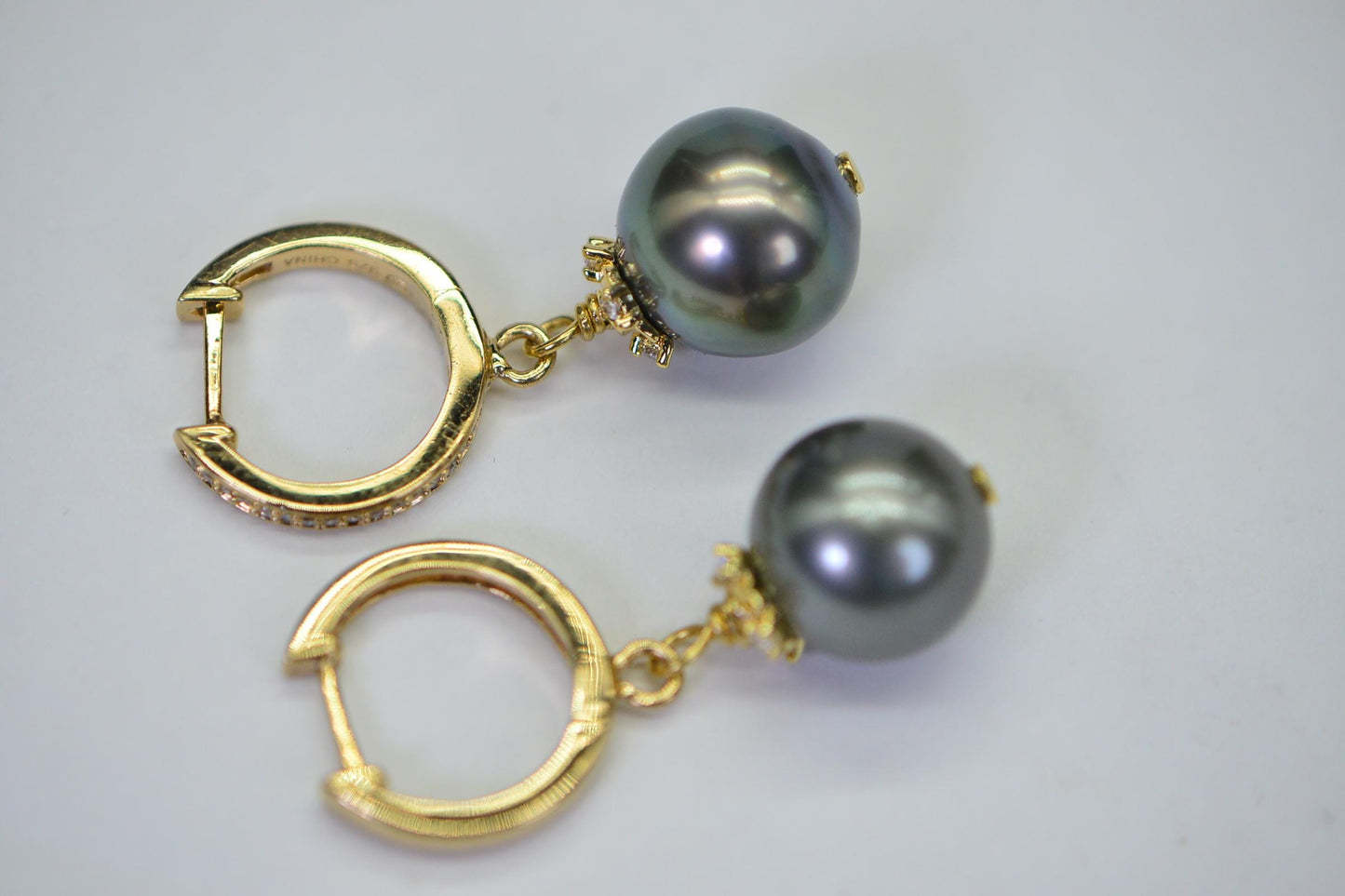 Tahitian Pearl Dangle Earrings: 14K Gold Over Sterling Silver, CZ