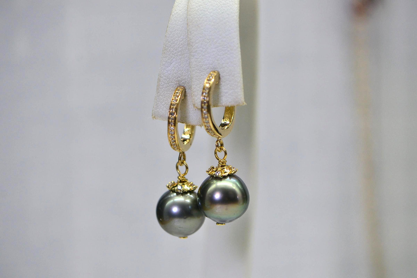 Tahitian Pearl Dangle Earrings: 14K Gold Over Sterling Silver, CZ