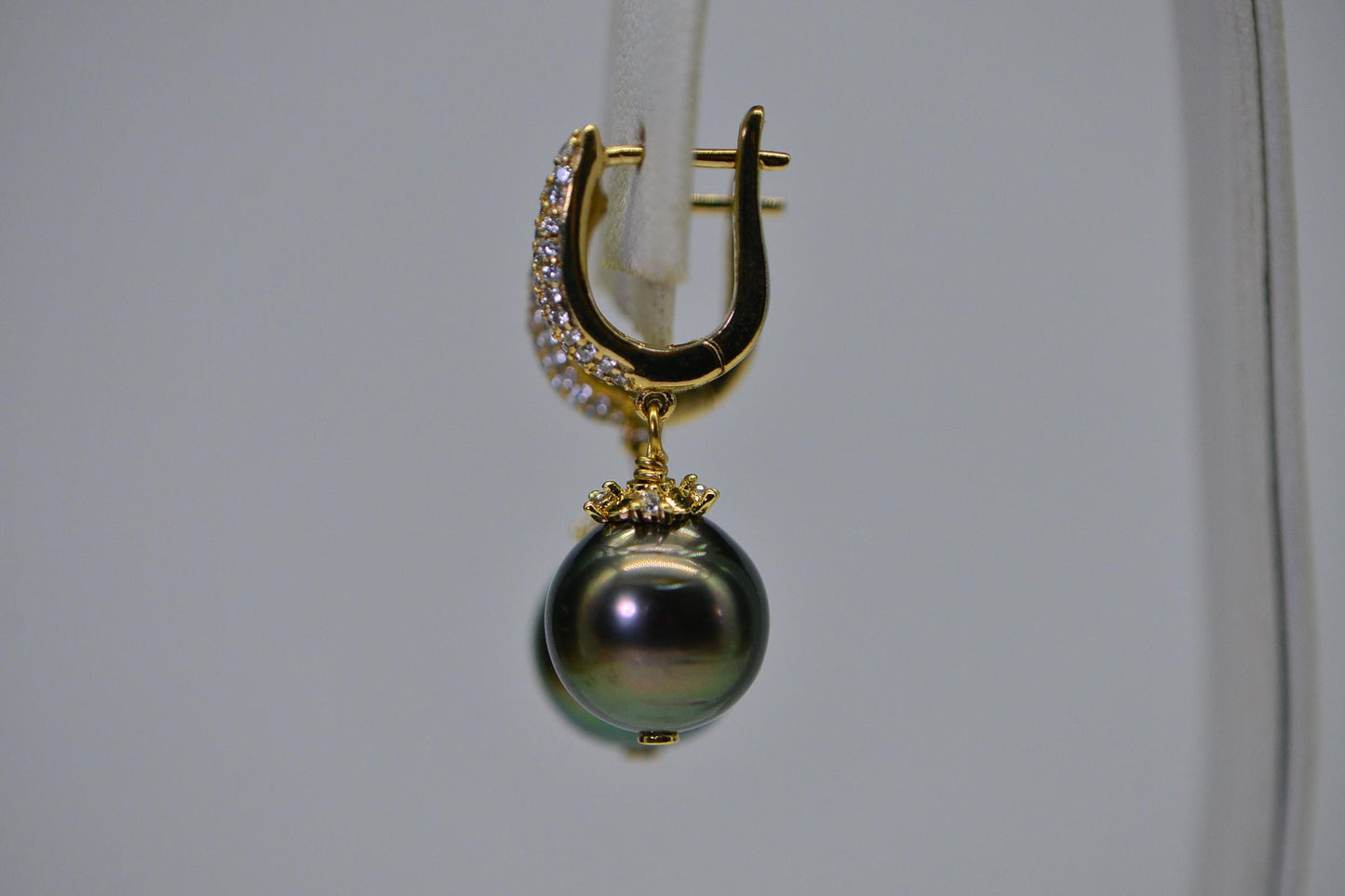 Tahitian Black Pearl Dangle Earrings: CZ, 14K Gold Over Sterling