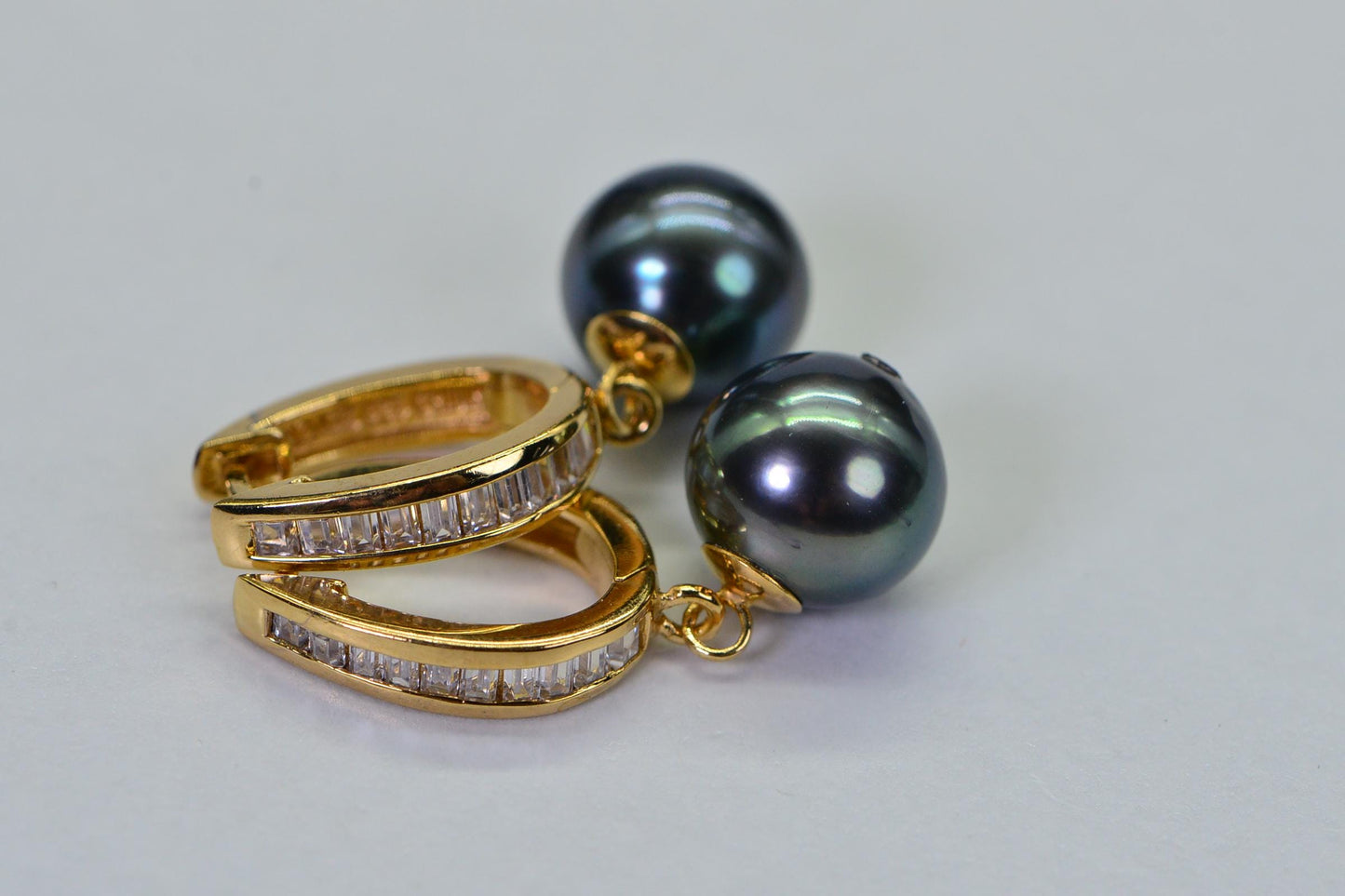 Tahitian Pearl Drop Earrings: 14K Gold Over Sterling Silver, CZ Accents