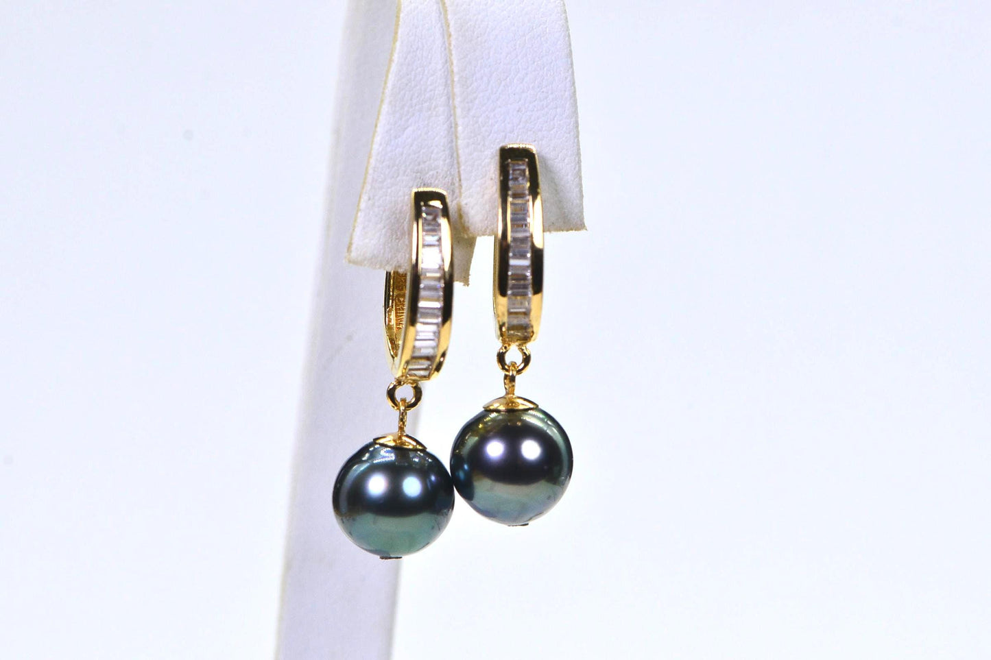 Tahitian Pearl Drop Earrings: 14K Gold Over Sterling Silver, CZ Accents