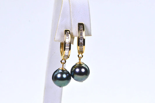 Tahitian Pearl Drop Earrings: 14K Gold Over Sterling Silver, CZ Accents