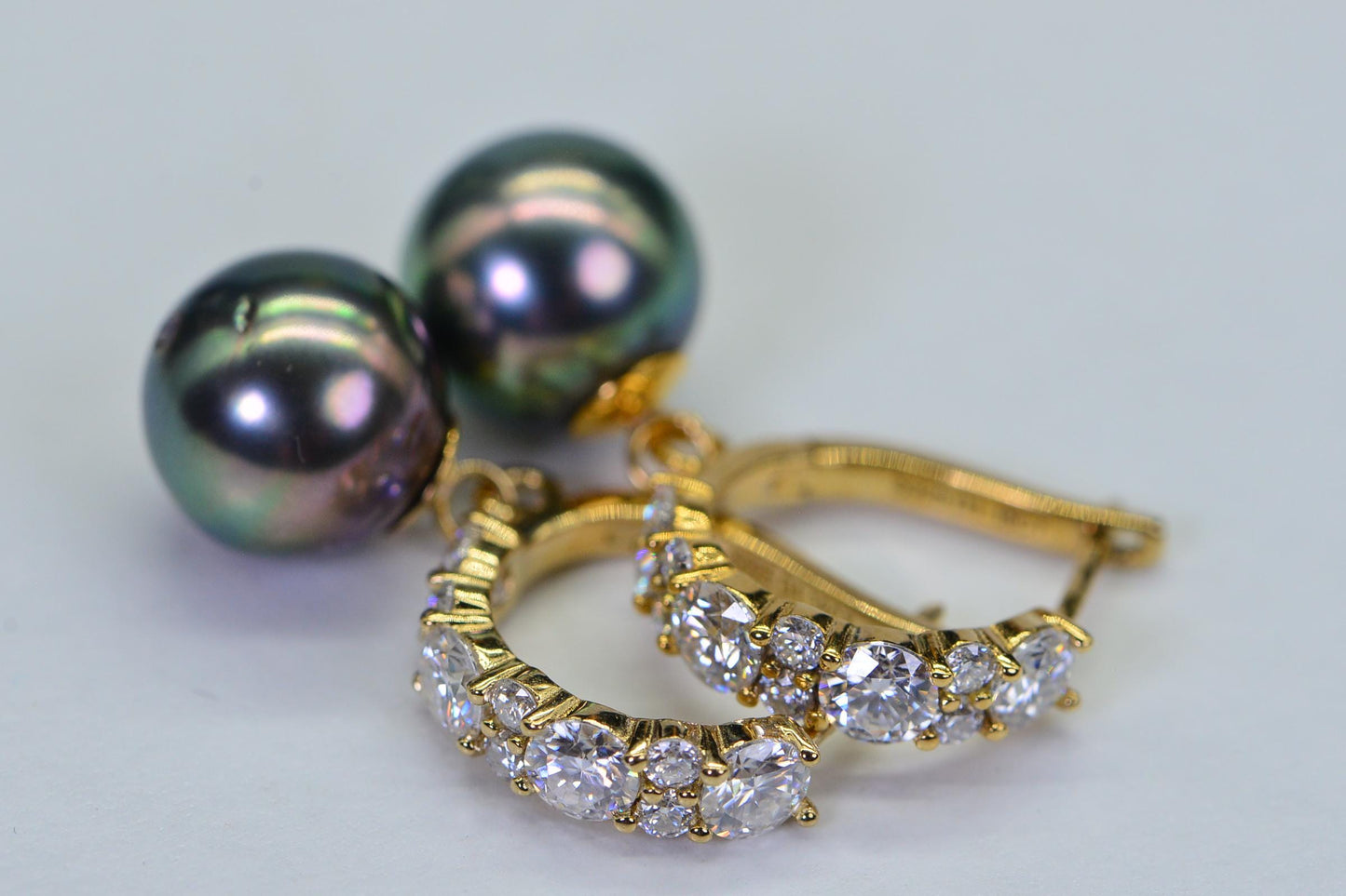 Tahitian Pearl Moissanite Earrings: 14K Gold Over Sterling Silver Dangle Studs