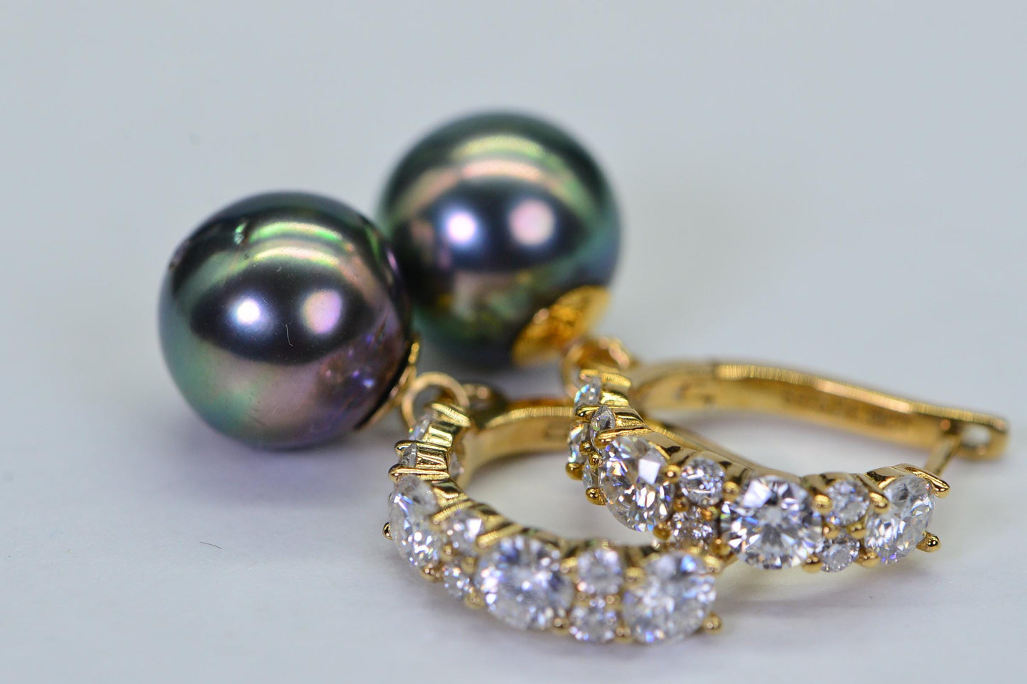 Tahitian Pearl Moissanite Earrings: 14K Gold Over Sterling Silver Dangle Studs