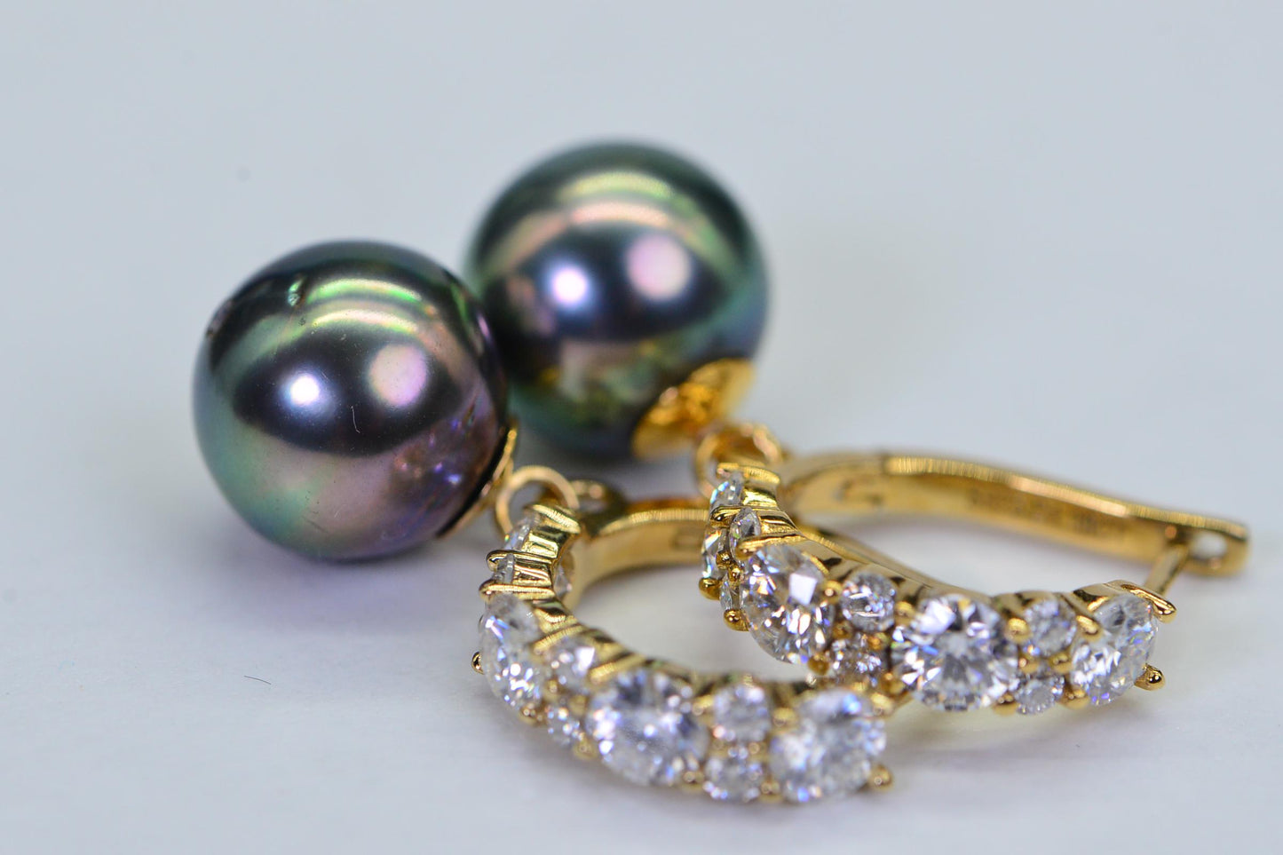 Tahitian Pearl Moissanite Earrings: 14K Gold Over Sterling Silver Dangle Studs