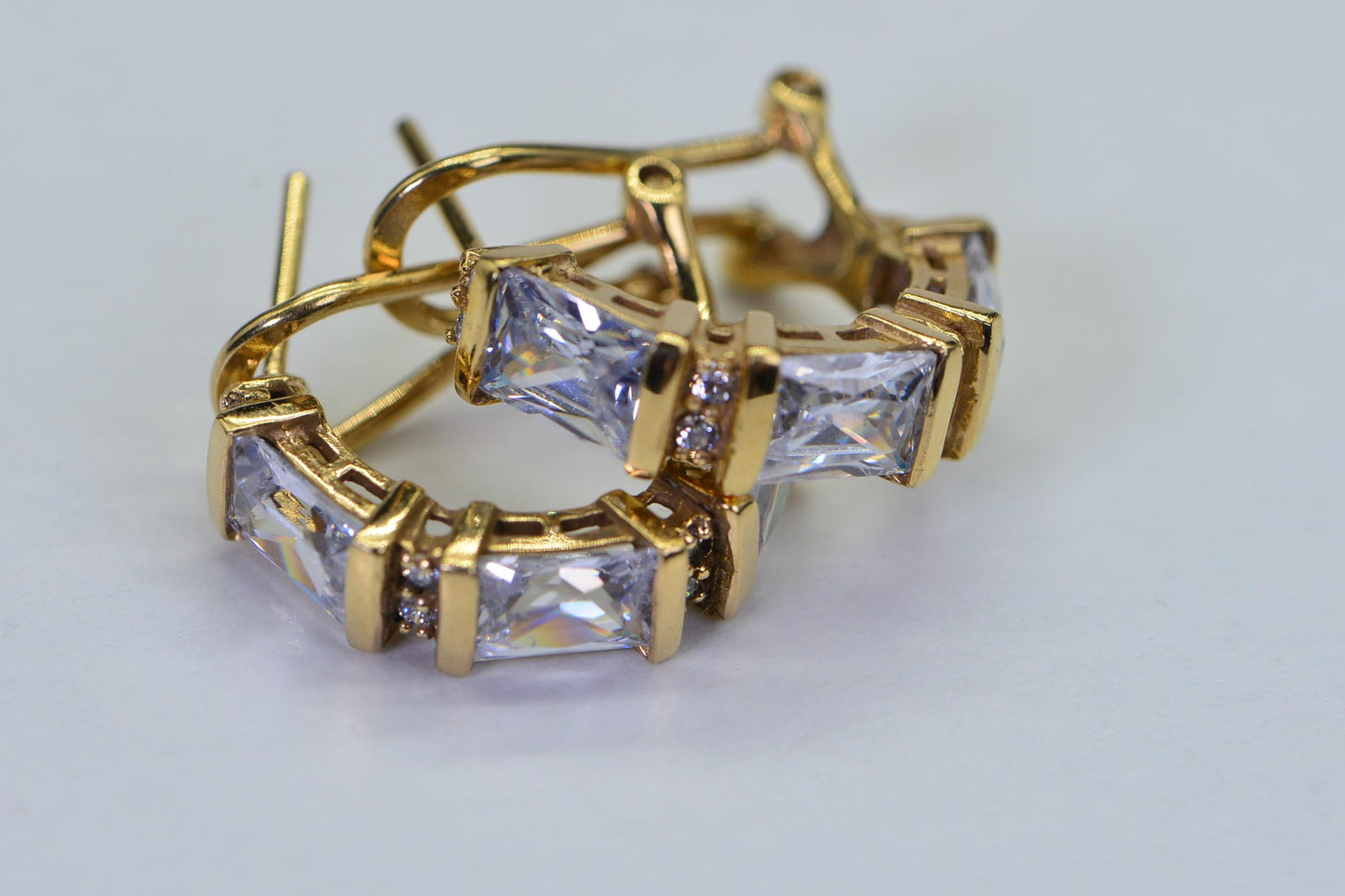 Omega Style Emerald-Cut Cubic Zirconia Half Hoop Earrings – 14K Gold Over Sterling Silver