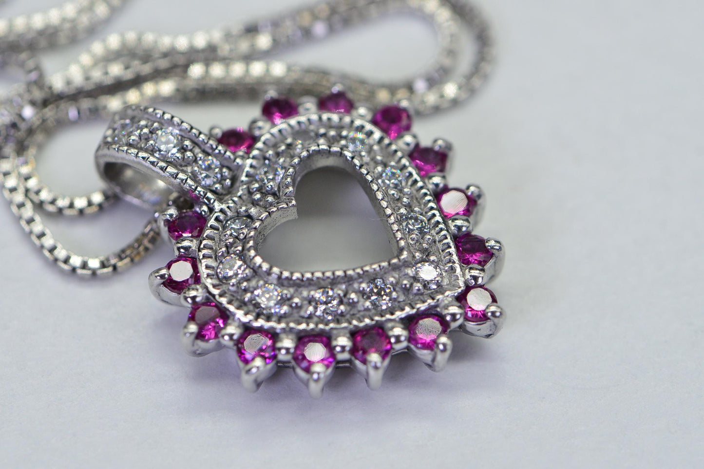 Ruby Heart Pendant: Simulated Diamond, 14K White Gold Over Sterling Silver