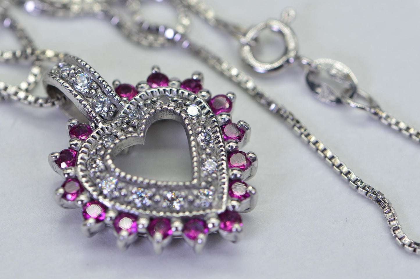 Ruby Heart Pendant: Simulated Diamond, 14K White Gold Over Sterling Silver