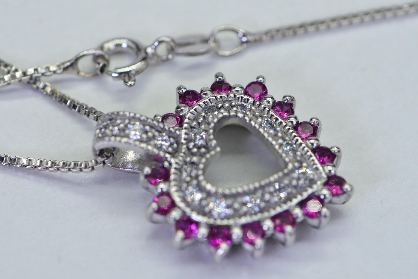 Ruby Heart Pendant: Simulated Diamond, 14K White Gold Over Sterling Silver