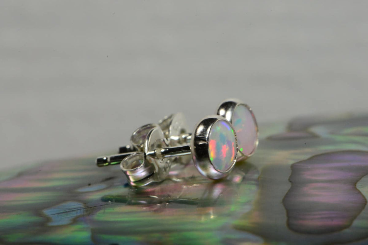 Sterling Silver Opal Stud Earrings: Handmade Bezel Set Jewelry
