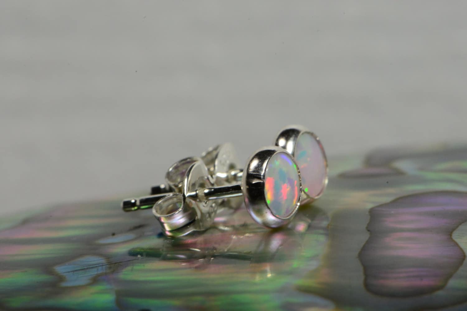 Sterling Silver Opal Stud Earrings: Handmade Bezel Set Jewelry