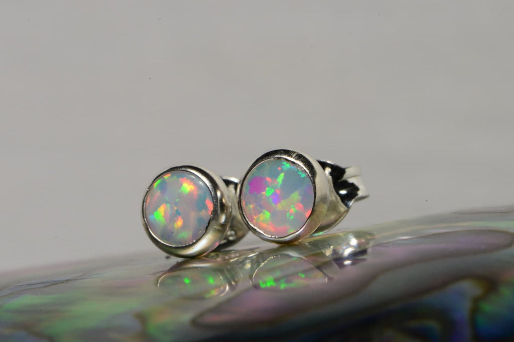 Sterling Silver Opal Stud Earrings: Handmade Bezel Set Jewelry
