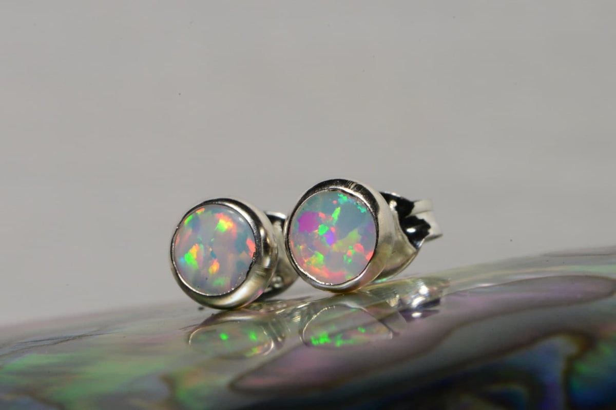 Sterling Silver Opal Stud Earrings: Handmade Bezel Set Jewelry