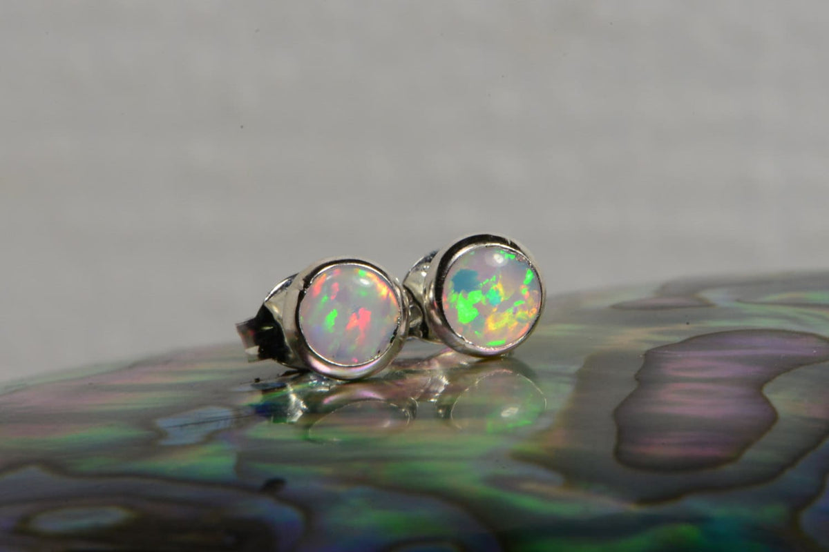 Sterling Silver Opal Stud Earrings: Handmade Bezel Set Jewelry