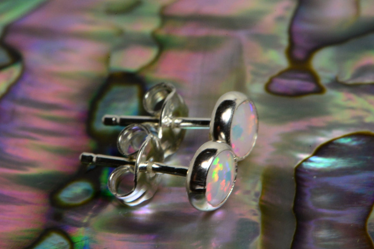 Sterling Silver Opal Stud Earrings: Handmade Bezel Set Jewelry