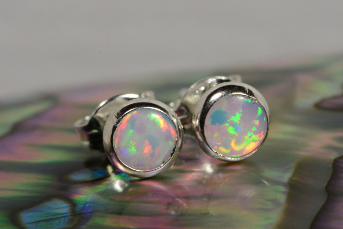 Sterling Silver Opal Stud Earrings: Handmade Bezel Set Jewelry