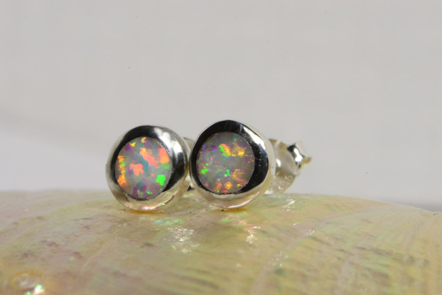 Sterling Silver Opal Stud Earrings, Bezel Set (6.7mm)