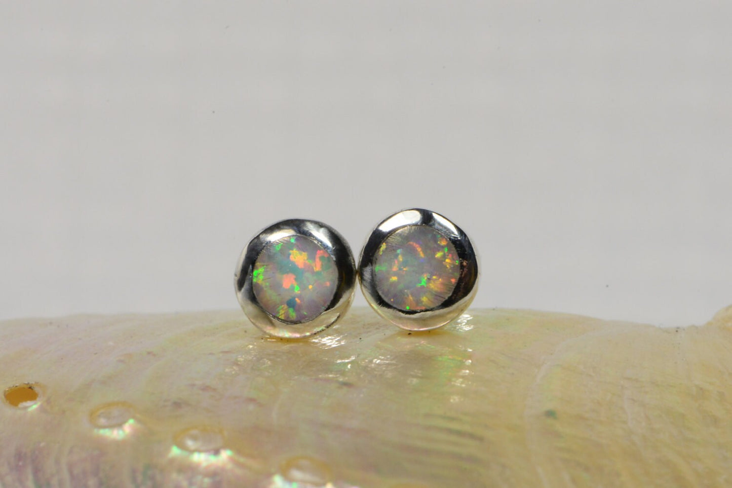 Sterling Silver Opal Stud Earrings, Bezel Set (6.7mm)