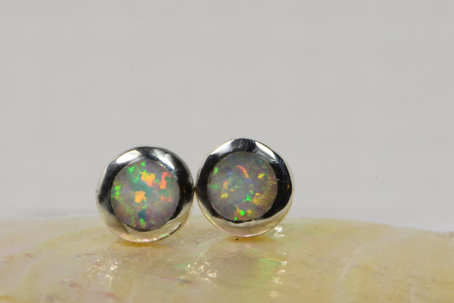 Sterling Silver Opal Stud Earrings, Bezel Set (6.7mm)