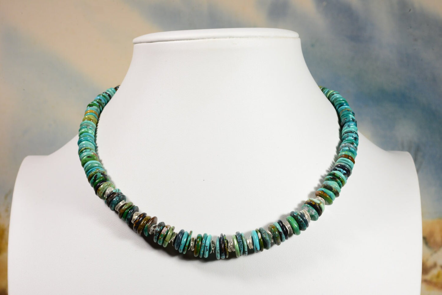 Genuine Nevada Turquoise Necklace, Sterling Silver Rondelle Beaded Necklace