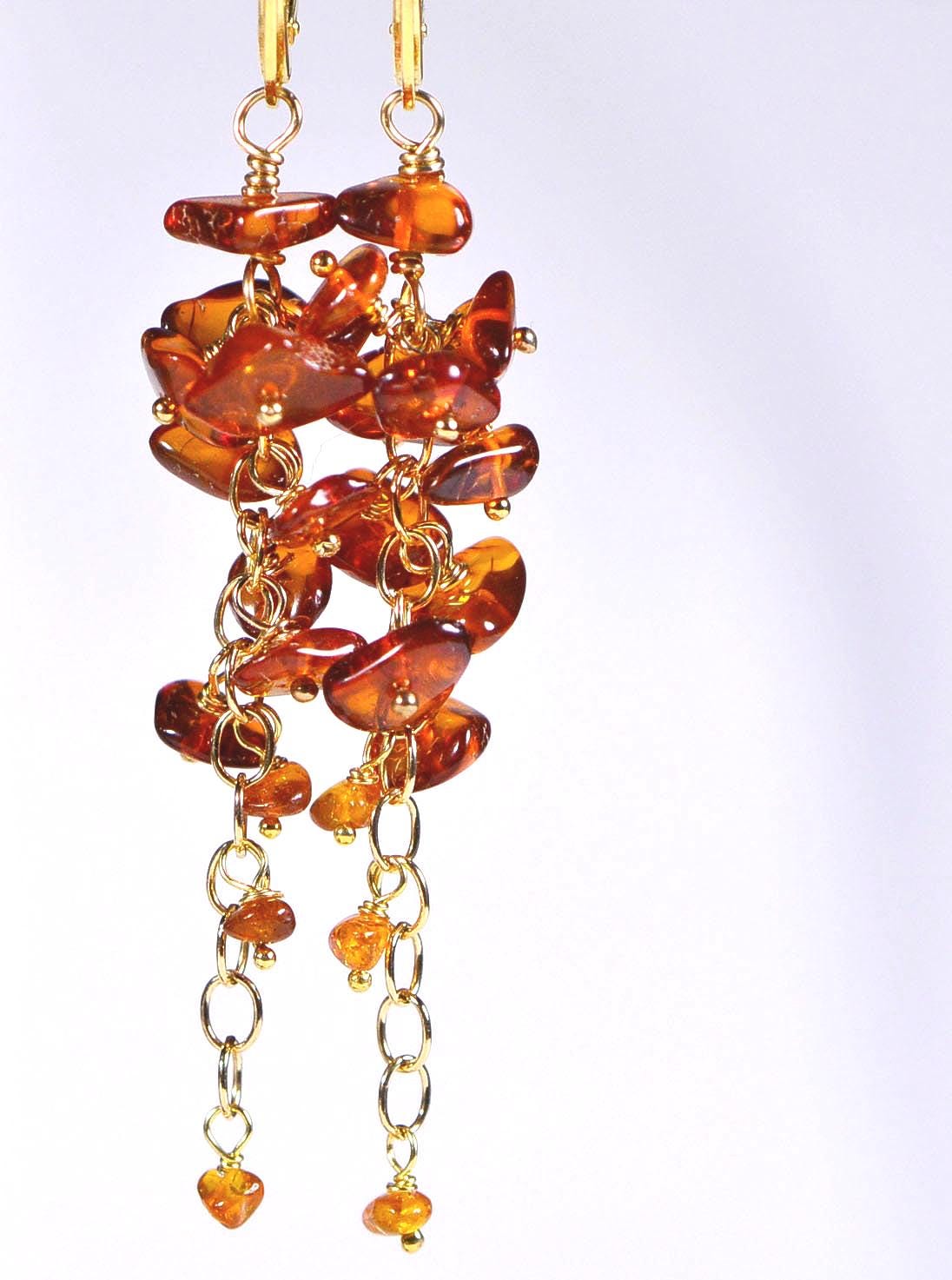 Baltic Amber Dangle Earrings, 14K Gold Filled, Honey Gemstone Cluster