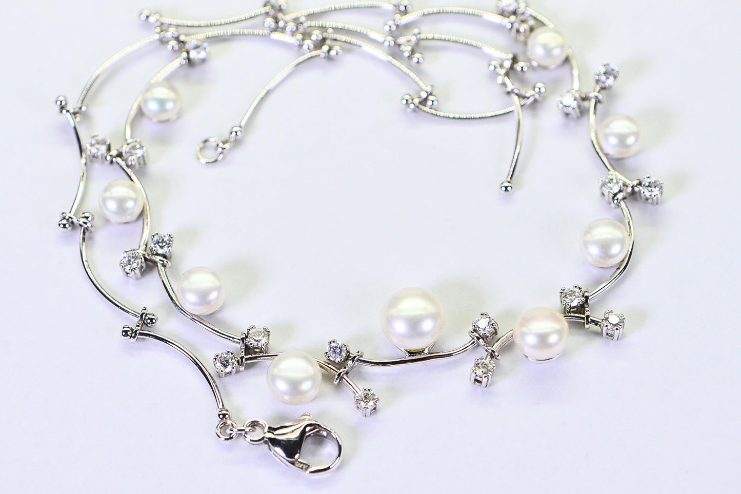 Vintage Honora Pearl Vine Necklace Simulated Diamond Rhodium Over Sterling Silver