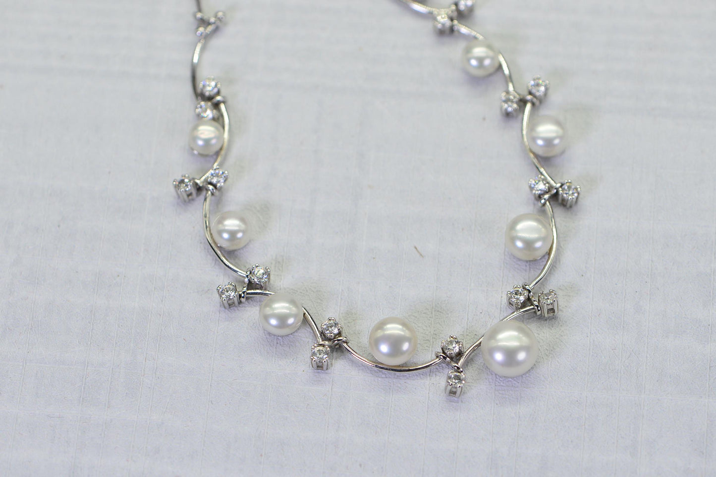 Vintage Honora Pearl Vine Necklace Simulated Diamond Rhodium Over Sterling Silver