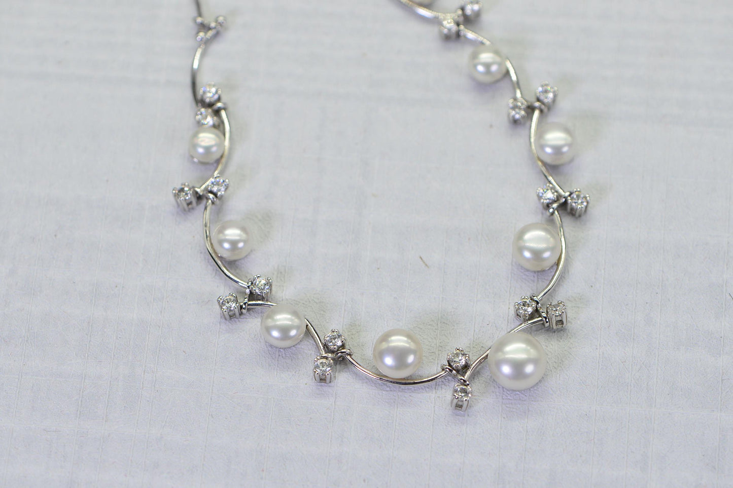 Vintage Honora Pearl Vine Necklace Simulated Diamond Rhodium Over Sterling Silver
