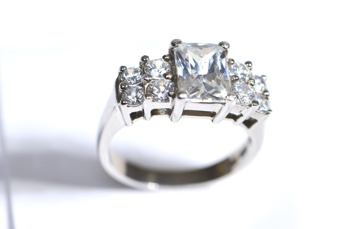 Emerald Cut White Zircon Ring: Rhodium Over Sterling Silver, Size 6 1/4