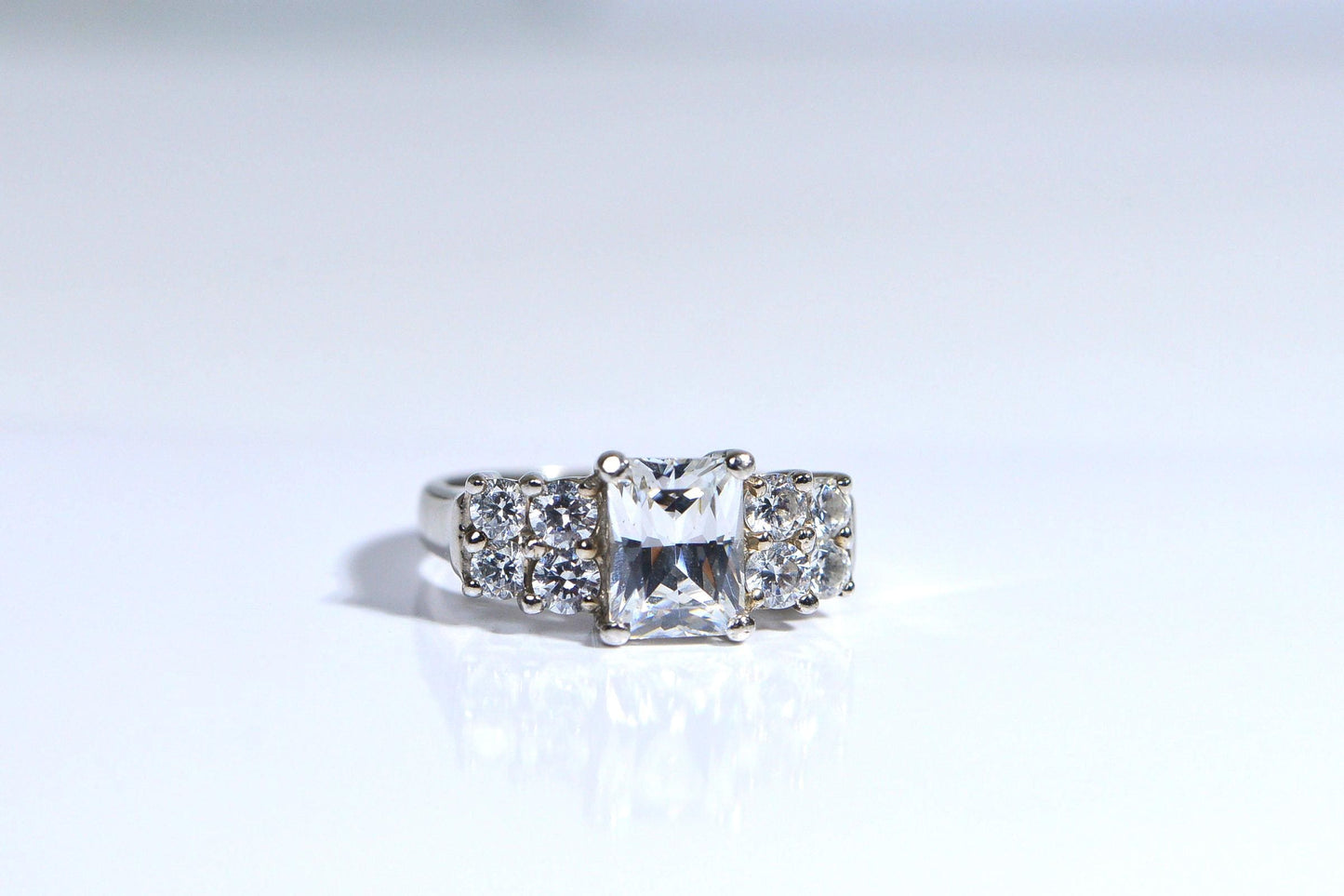 Emerald Cut White Zircon Ring: Rhodium Over Sterling Silver, Size 6 1/4