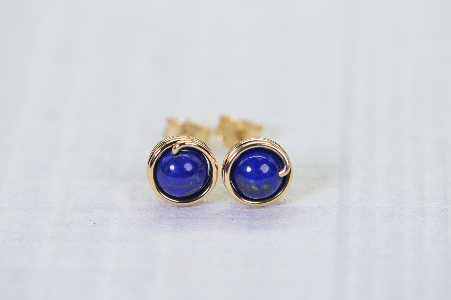 Lapis Lazuli Stud Earrings: 14K Gold Filled Wire Wrapped Gemstone