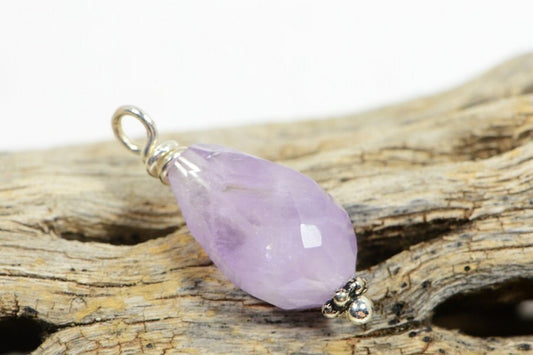 Light Amethyst Briolette Pendant, Silver Wire Wrapped Gemstone