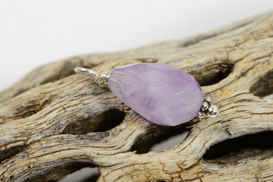 Light Amethyst Briolette Pendant, Silver Wire Wrapped Gemstone