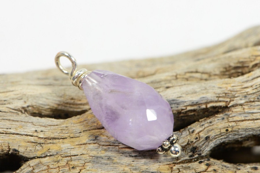 Light Amethyst Briolette Pendant, Silver Wire Wrapped Gemstone