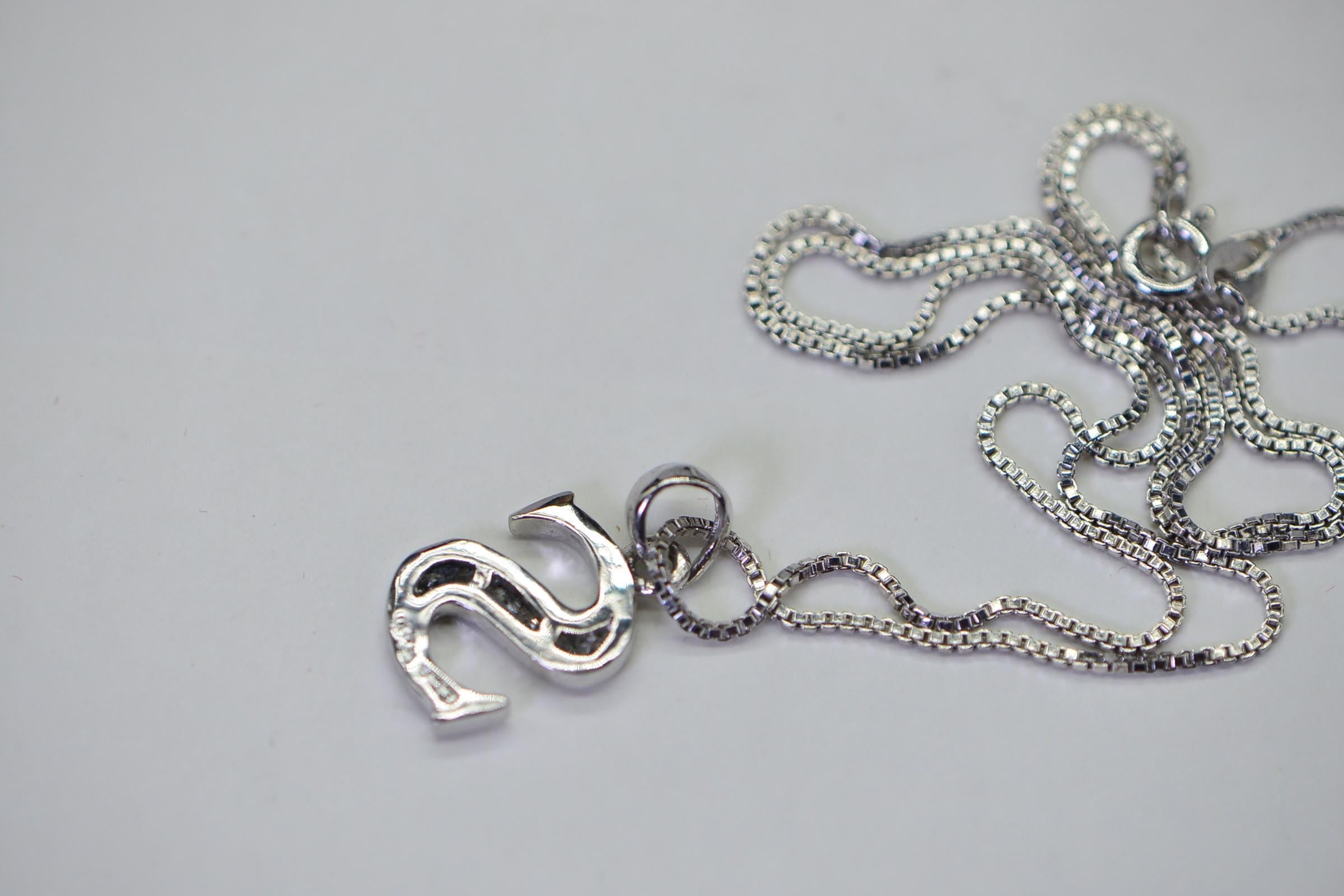 S Shape Simulated Diamond Pendant Necklace 14K White Gold Over Sterling Silver | Simple Elegant Necklace 18 Inch Chain Gift for Her