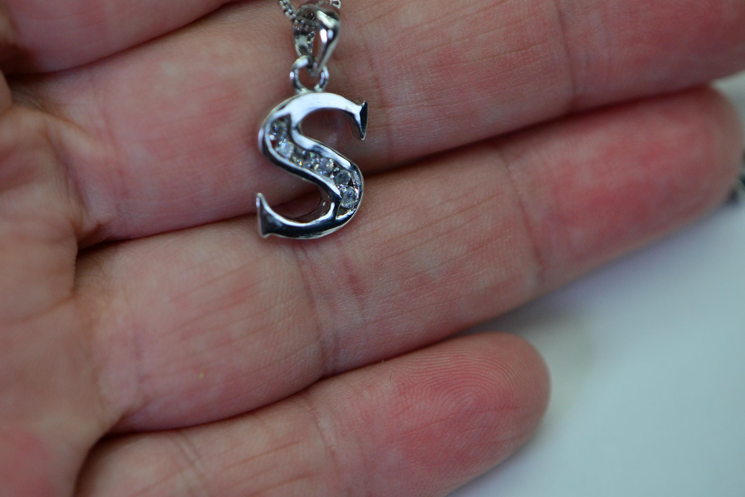 S Shape Simulated Diamond Pendant Necklace 14K White Gold Over Sterling Silver | Simple Elegant Necklace 18 Inch Chain Gift for Her