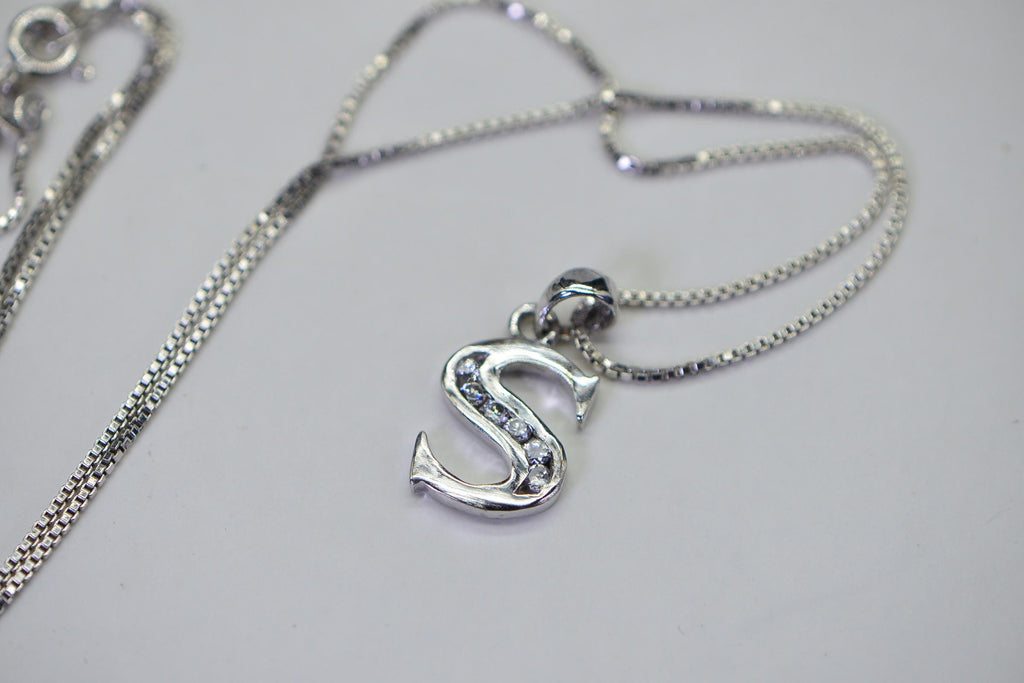 S Shape Simulated Diamond Pendant Necklace 14K White Gold Over Sterling Silver | Simple Elegant Necklace 18 Inch Chain Gift for Her