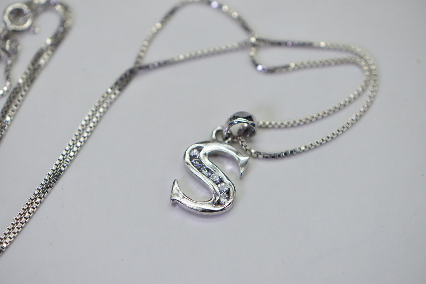 S Shape Simulated Diamond Pendant Necklace 14K White Gold Over Sterling Silver | Simple Elegant Necklace 18 Inch Chain Gift for Her
