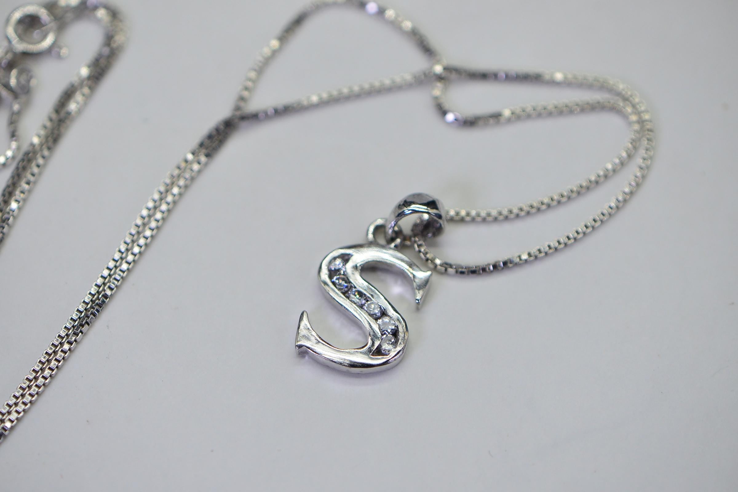 S Shape Simulated Diamond Pendant Necklace 14K White Gold Over Sterling Silver | Simple Elegant Necklace 18 Inch Chain Gift for Her