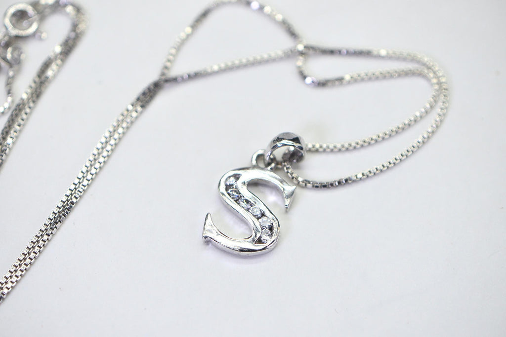 S Shape Simulated Diamond Pendant Necklace 14K White Gold Over Sterling Silver | Simple Elegant Necklace 18 Inch Chain Gift for Her